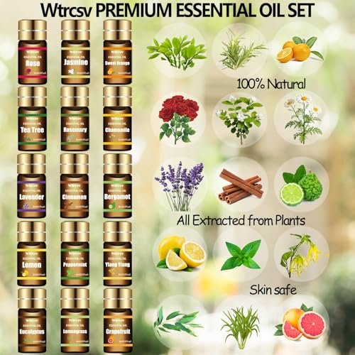 Wtrcsv Ätherische Öle Set – Die Top 15 Düfte für Diffuser, Luftbefeuchter, Hautpflege, Aromatherapie, Massage, Kerzen- und Seifenherstellung – Geschenkset (5 ml)