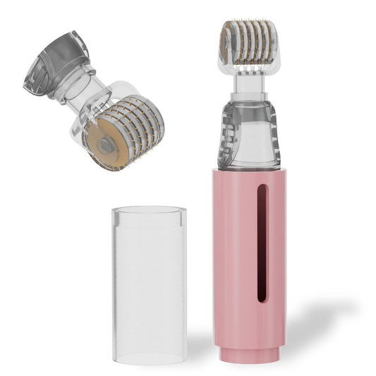 Derma Roller mit Flüssigkeitsreservoir und Serum-Applikator für Lippen, Haut, Haare, Falten – Einfach zu verwendendes Gesichtsroller-Hautpflegewerkzeug ohne Serum – 105 Titan-Nadeln 0,25 mm – Pink