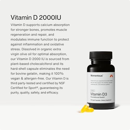 Momentous Vitamin D3 Kapseln - 2.000 IE für grundlegende Gesundheitsunterstützung - NSF-zertifiziert für Sport - glutenfrei - 60 Portionen