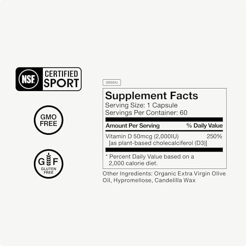 Momentous Vitamin D3 Kapseln - 2.000 IE für grundlegende Gesundheitsunterstützung - NSF-zertifiziert für Sport - glutenfrei - 60 Portionen