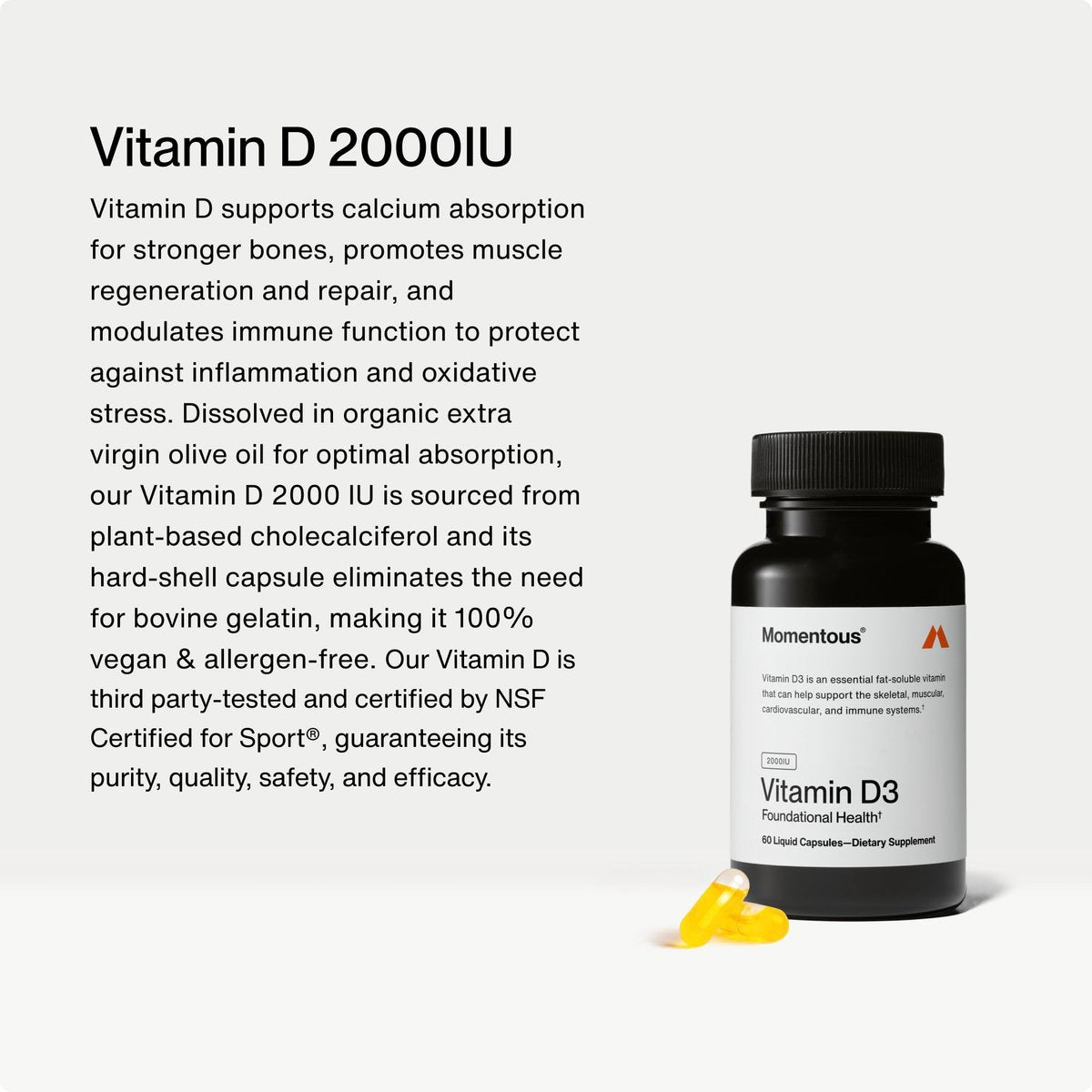 Momentous Vitamin D3 Kapseln - 2.000 IE für grundlegende Gesundheitsunterstützung - NSF-zertifiziert für Sport - glutenfrei - 60 Portionen