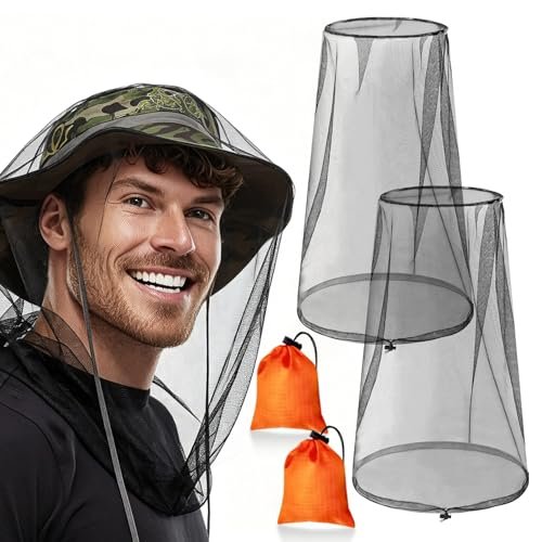 GuoluvSoo 2er-Pack Moskitonetz für den Kopf mit Kordelzug – Extra groß & lang, Premium atmungsaktives Insektennetz, Universal-Passform für Hüte, Mückennetz für Hut, ideal zum Wandern, Camping, Angeln, Gartenarbeit