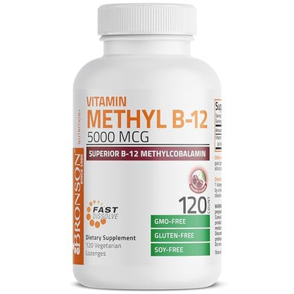 Bronson Methyl B12 5000 mcg – Vitamin B12 Methylcobalamin für Energie & Gehirnunterstützung, 120 Lutschtabletten