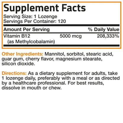 Bronson Methyl B12 5000 mcg – Vitamin B12 Methylcobalamin für Energie & Gehirnunterstützung, 120 Lutschtabletten