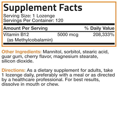 Bronson Methyl B12 5000 mcg – Vitamin B12 Methylcobalamin für Energie & Gehirnunterstützung, 120 Lutschtabletten