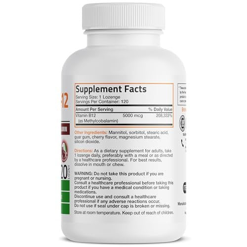Bronson Methyl B12 5000 mcg – Vitamin B12 Methylcobalamin für Energie & Gehirnunterstützung, 120 Lutschtabletten