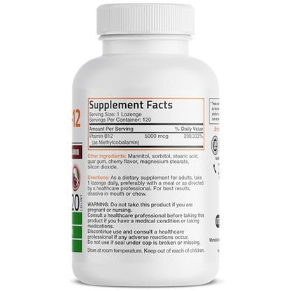 Bronson Methyl B12 5000 mcg – Vitamin B12 Methylcobalamin für Energie & Gehirnunterstützung, 120 Lutschtabletten