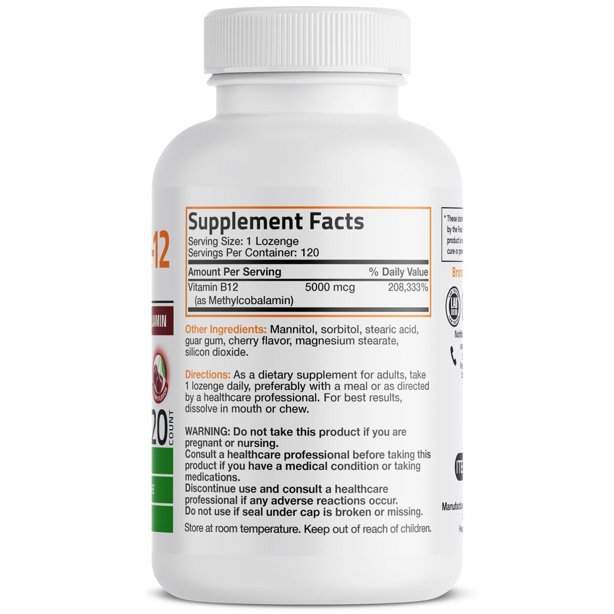 Bronson Methyl B12 5000 mcg – Vitamin B12 Methylcobalamin für Energie & Gehirnunterstützung, 120 Lutschtabletten