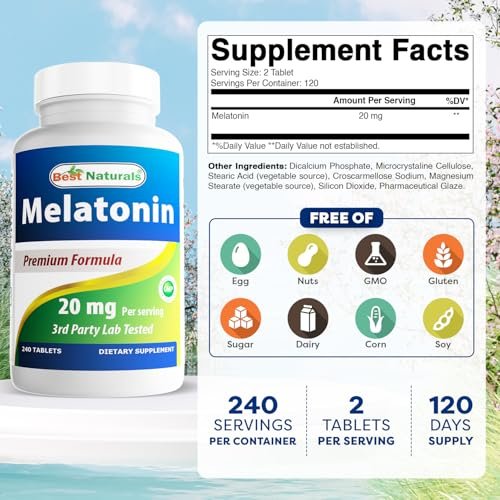 Best Naturals Melatonin 20 mg – 240 Tabletten – Schlafhilfe ohne Arzneimittel – Nicht-GVO & Glutenfrei