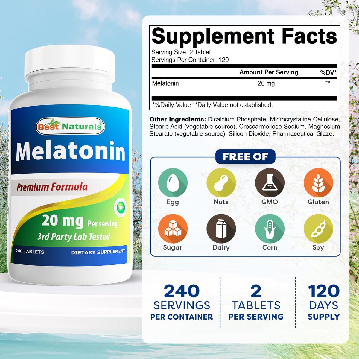 Best Naturals Melatonin 20 mg – 240 Tabletten – Schlafhilfe ohne Arzneimittel – Nicht-GVO & Glutenfrei