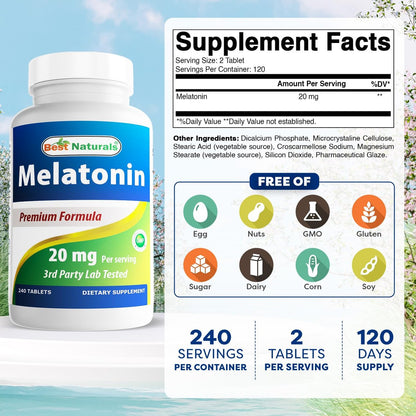 Best Naturals Melatonin 20 mg – 240 Tabletten – Schlafhilfe ohne Arzneimittel – Nicht-GVO & Glutenfrei