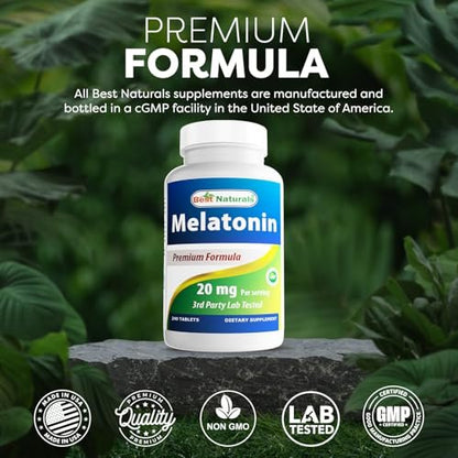 Best Naturals Melatonin 20 mg – 240 Tabletten – Schlafhilfe ohne Arzneimittel – Nicht-GVO & Glutenfrei
