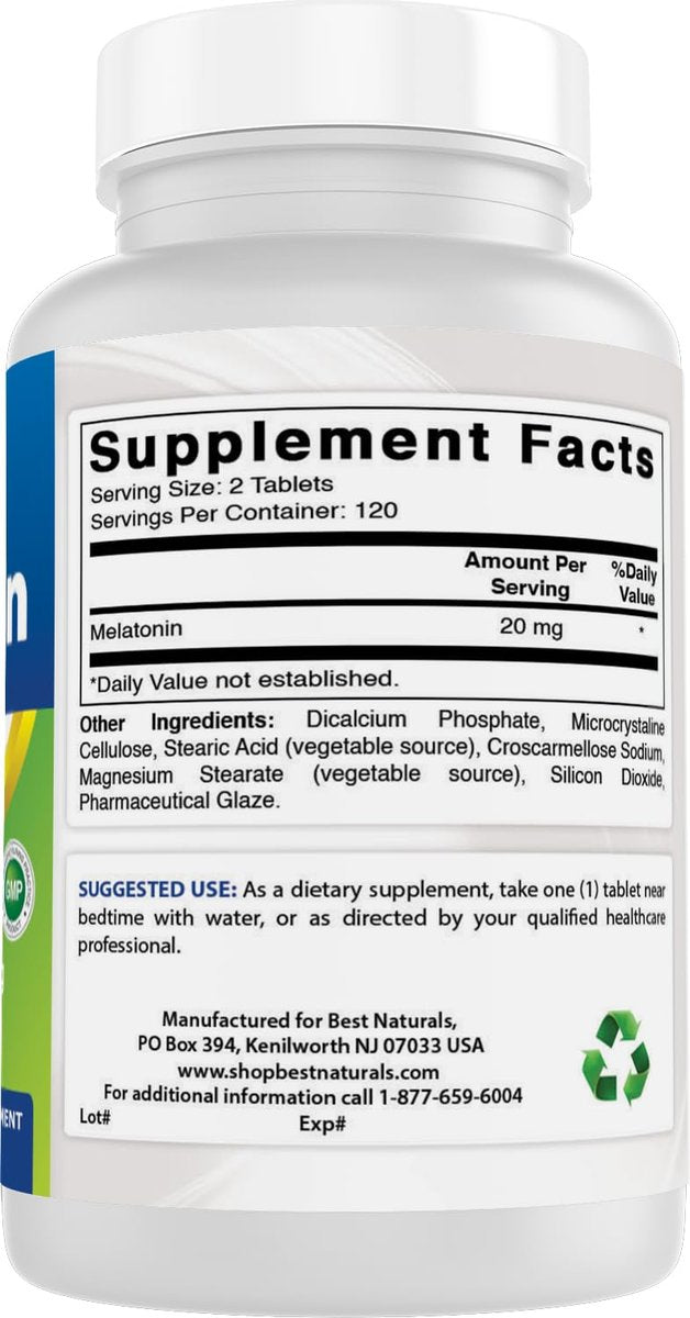 Best Naturals Melatonin 20 mg – 240 Tabletten – Schlafhilfe ohne Arzneimittel – Nicht-GVO & Glutenfrei