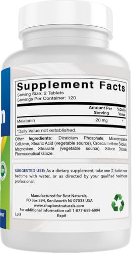Best Naturals Melatonin 20 mg – 240 Tabletten – Schlafhilfe ohne Arzneimittel – Nicht-GVO & Glutenfrei
