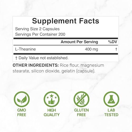 L-Theanin 400 mg, 400 Kapseln – Hochdosiertes Theanin-Präparat – Aminosäure für Fokus und Entspannung – Non-GMO & Glutenfrei