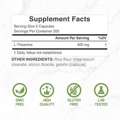 L-Theanin 400 mg, 400 Kapseln – Hochdosiertes Theanin-Präparat – Aminosäure für Fokus und Entspannung – Non-GMO & Glutenfrei