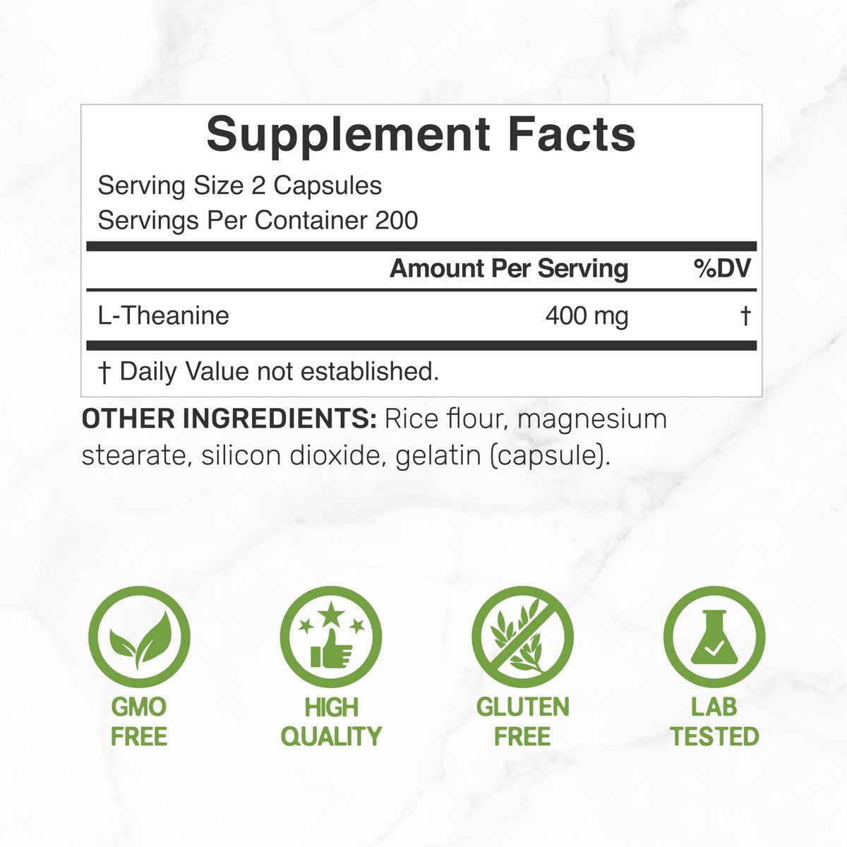 L-Theanin 400 mg, 400 Kapseln – Hochdosiertes Theanin-Präparat – Aminosäure für Fokus und Entspannung – Non-GMO & Glutenfrei