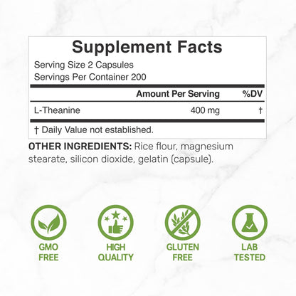 L-Theanin 400 mg, 400 Kapseln – Hochdosiertes Theanin-Präparat – Aminosäure für Fokus und Entspannung – Non-GMO & Glutenfrei