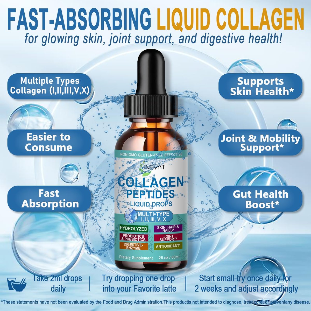 Kollagen-Peptid-Flüssigtropfen – Multi-Kollagen-Peptide für Haut, Haare, Nägel, Gelenke, Knochen und Darmgesundheit – Hydrolysierte Flüssigkollagen-Peptide mit Glucosamin, Chondroitin, MSM, Biotin und Vitaminen für Frauen und Männer