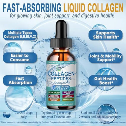 Kollagen-Peptid-Flüssigtropfen – Multi-Kollagen-Peptide für Haut, Haare, Nägel, Gelenke, Knochen und Darmgesundheit – Hydrolysierte Flüssigkollagen-Peptide mit Glucosamin, Chondroitin, MSM, Biotin und Vitaminen für Frauen und Männer