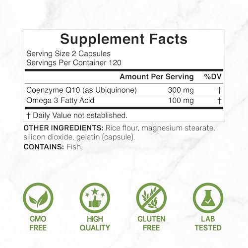 DEAL SUPPLEMENT CoQ10 300 mg mit Omega 3 100 mg, 240 Kapseln | Bioverfügbares Coenzym Q10 | Unterstützt Herz, Energie & Gehirn | Antioxidans | Nicht-GVO