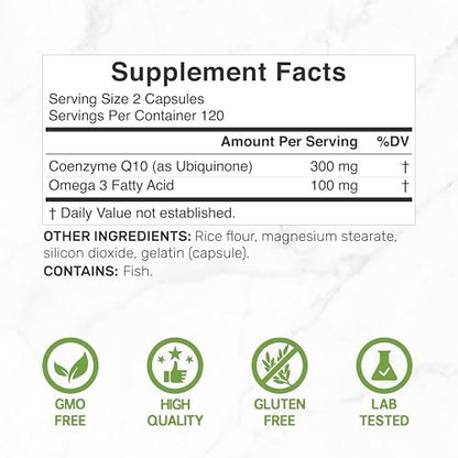 DEAL SUPPLEMENT CoQ10 300 mg mit Omega 3 100 mg, 240 Kapseln | Bioverfügbares Coenzym Q10 | Unterstützt Herz, Energie & Gehirn | Antioxidans | Nicht-GVO