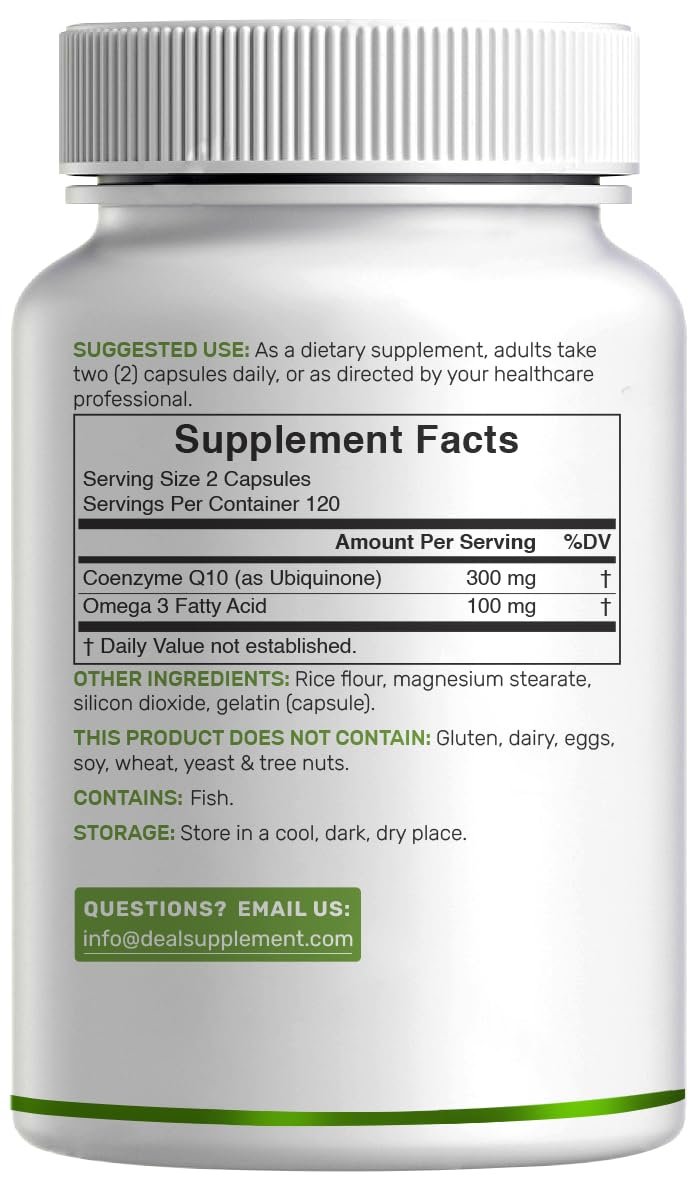 DEAL SUPPLEMENT CoQ10 300 mg mit Omega 3 100 mg, 240 Kapseln | Bioverfügbares Coenzym Q10 | Unterstützt Herz, Energie & Gehirn | Antioxidans | Nicht-GVO