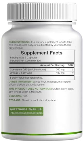 DEAL SUPPLEMENT CoQ10 300 mg mit Omega 3 100 mg, 240 Kapseln | Bioverfügbares Coenzym Q10 | Unterstützt Herz, Energie & Gehirn | Antioxidans | Nicht-GVO