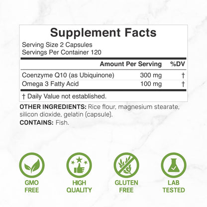 DEAL SUPPLEMENT CoQ10 300 mg mit Omega 3 100 mg, 240 Kapseln | Bioverfügbares Coenzym Q10 | Unterstützt Herz, Energie & Gehirn | Antioxidans | Nicht-GVO