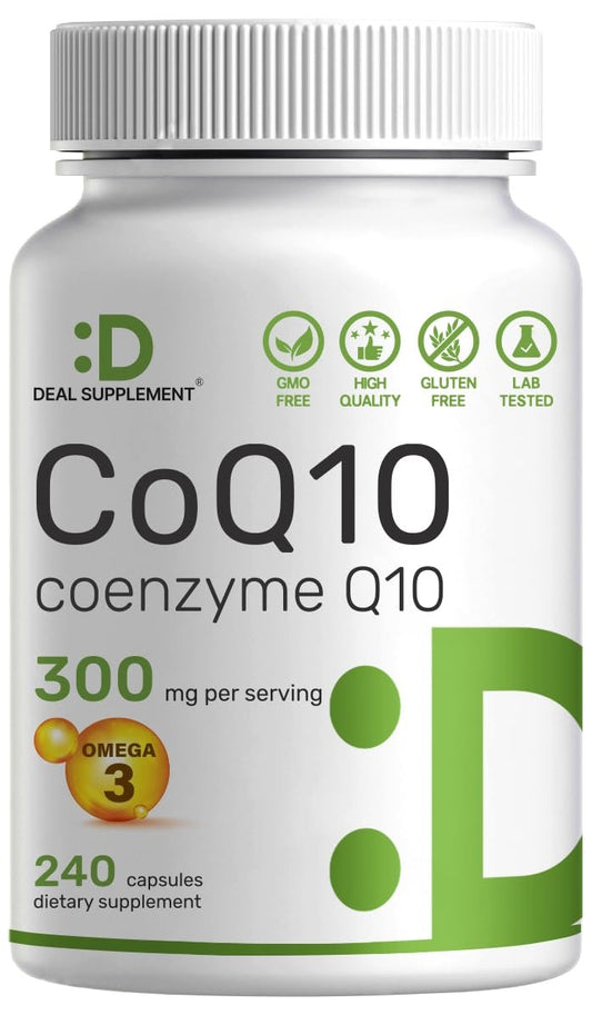 DEAL SUPPLEMENT CoQ10 300 mg mit Omega 3 100 mg, 240 Kapseln | Bioverfügbares Coenzym Q10 | Unterstützt Herz, Energie & Gehirn | Antioxidans | Nicht-GVO