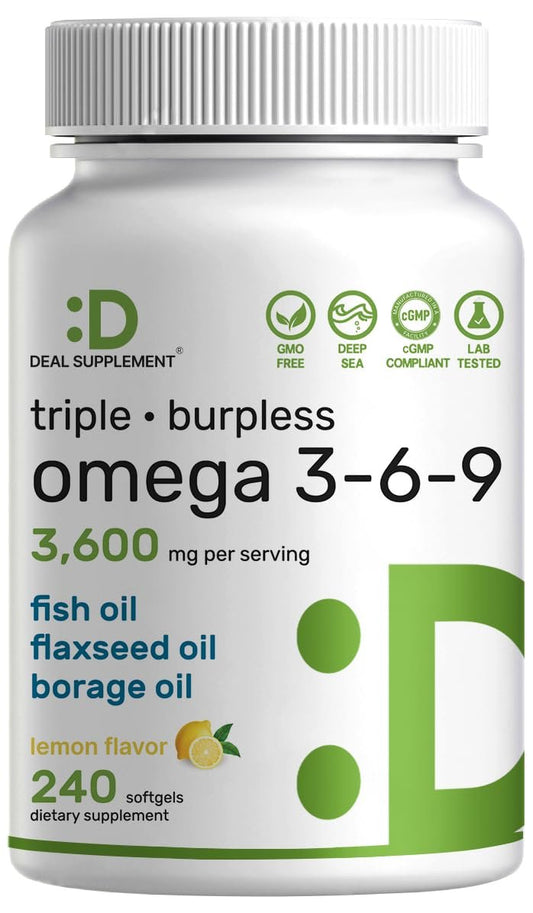 Triple Omega 3-6-9 Fischöl Kapseln 3600 mg – 240 Weichkapseln mit Leinöl & Borretschöl Komplex – Hohes EPA + DHA – Geschmacksneutral, mit Zitronengeschmack, Wildfang – Herz-, Gelenk- & Gehirnunterstützung