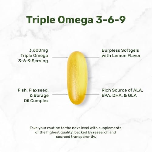 Triple Omega 3-6-9 Fischöl Kapseln 3600 mg – 240 Weichkapseln mit Leinöl & Borretschöl Komplex – Hohes EPA + DHA – Geschmacksneutral, mit Zitronengeschmack, Wildfang – Herz-, Gelenk- & Gehirnunterstützung