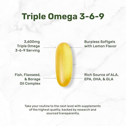 Triple Omega 3-6-9 Fischöl Kapseln 3600 mg – 240 Weichkapseln mit Leinöl & Borretschöl Komplex – Hohes EPA + DHA – Geschmacksneutral, mit Zitronengeschmack, Wildfang – Herz-, Gelenk- & Gehirnunterstützung