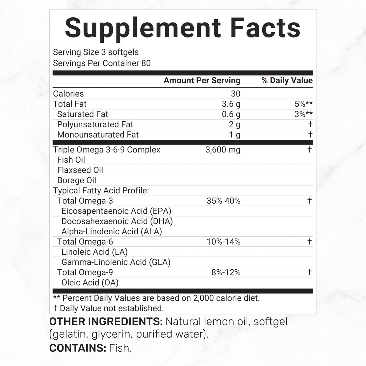 Triple Omega 3-6-9 Fischöl Kapseln 3600 mg – 240 Weichkapseln mit Leinöl & Borretschöl Komplex – Hohes EPA + DHA – Geschmacksneutral, mit Zitronengeschmack, Wildfang – Herz-, Gelenk- & Gehirnunterstützung