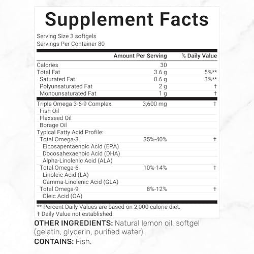 Triple Omega 3-6-9 Fischöl Kapseln 3600 mg – 240 Weichkapseln mit Leinöl & Borretschöl Komplex – Hohes EPA + DHA – Geschmacksneutral, mit Zitronengeschmack, Wildfang – Herz-, Gelenk- & Gehirnunterstützung