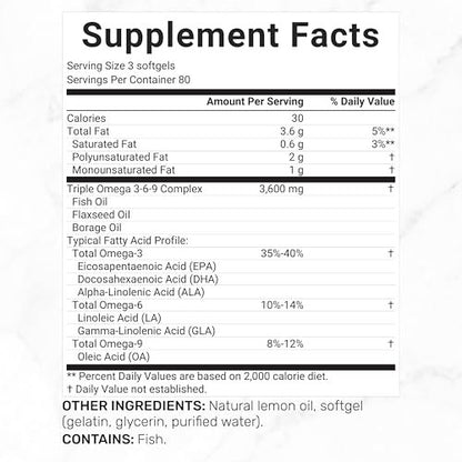 Triple Omega 3-6-9 Fischöl Kapseln 3600 mg – 240 Weichkapseln mit Leinöl & Borretschöl Komplex – Hohes EPA + DHA – Geschmacksneutral, mit Zitronengeschmack, Wildfang – Herz-, Gelenk- & Gehirnunterstützung