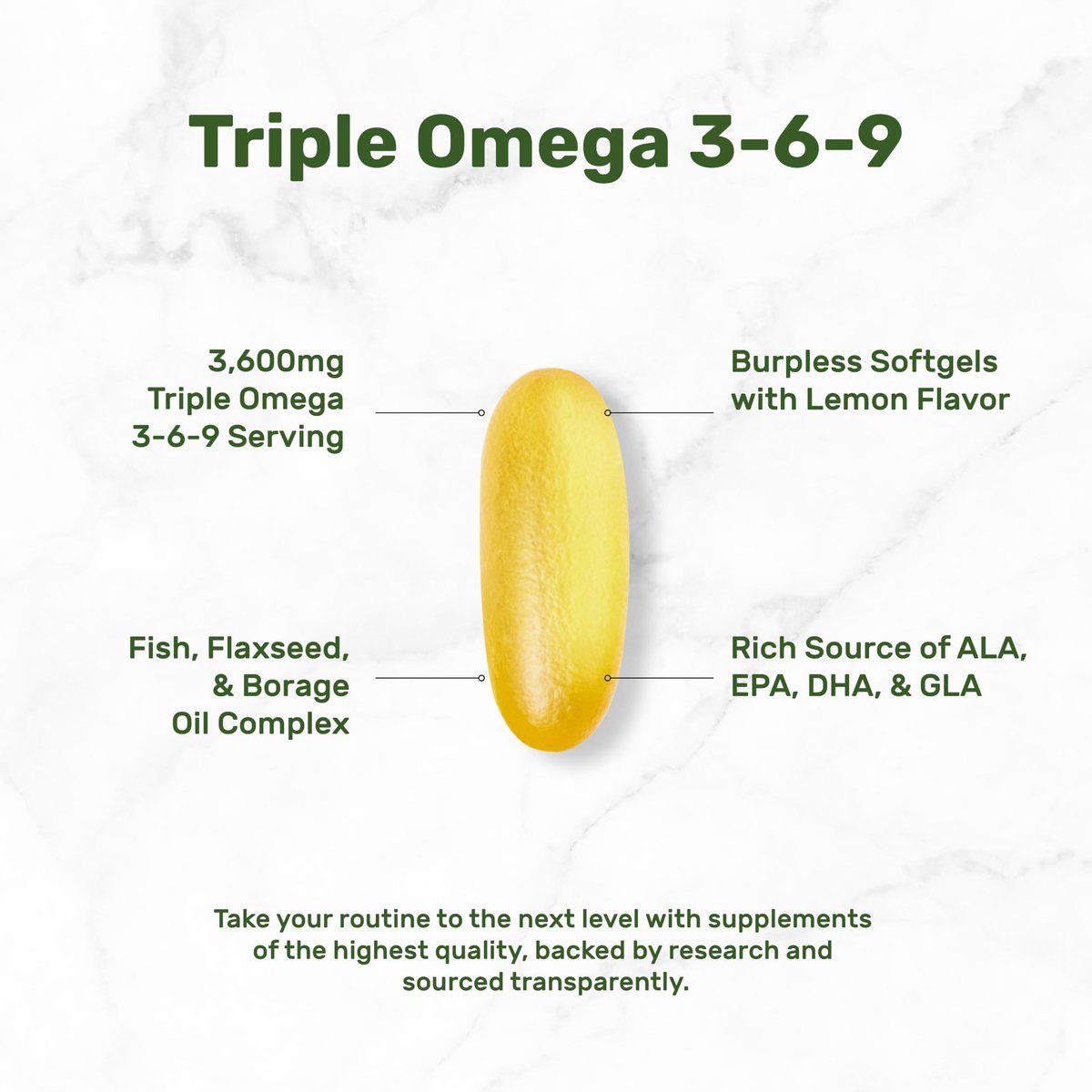Triple Omega 3-6-9 Fischöl Kapseln 3600 mg – 240 Weichkapseln mit Leinöl & Borretschöl Komplex – Hohes EPA + DHA – Geschmacksneutral, mit Zitronengeschmack, Wildfang – Herz-, Gelenk- & Gehirnunterstützung