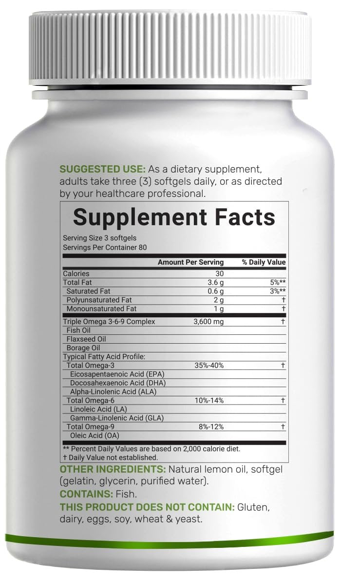 Triple Omega 3-6-9 Fischöl Kapseln 3600 mg – 240 Weichkapseln mit Leinöl & Borretschöl Komplex – Hohes EPA + DHA – Geschmacksneutral, mit Zitronengeschmack, Wildfang – Herz-, Gelenk- & Gehirnunterstützung