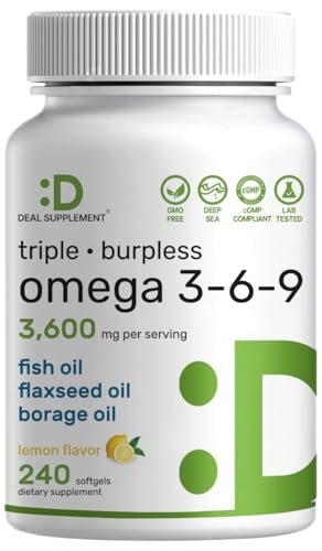 Triple Omega 3-6-9 Fischöl Kapseln 3600 mg – 240 Weichkapseln mit Leinöl & Borretschöl Komplex – Hohes EPA + DHA – Geschmacksneutral, mit Zitronengeschmack, Wildfang – Herz-, Gelenk- & Gehirnunterstützung