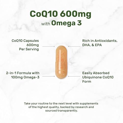 CoQ10 600mg, 120 Kapseln – mit Omega-3-Fettsäure 100mg – Maximale Stärke – Bioverfügbares Coenzym Q10 – Herz-, Energie- & Gehirngesundheit – Antioxidans – Nicht-GVO