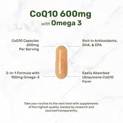CoQ10 600mg, 120 Kapseln – mit Omega-3-Fettsäure 100mg – Maximale Stärke – Bioverfügbares Coenzym Q10 – Herz-, Energie- & Gehirngesundheit – Antioxidans – Nicht-GVO