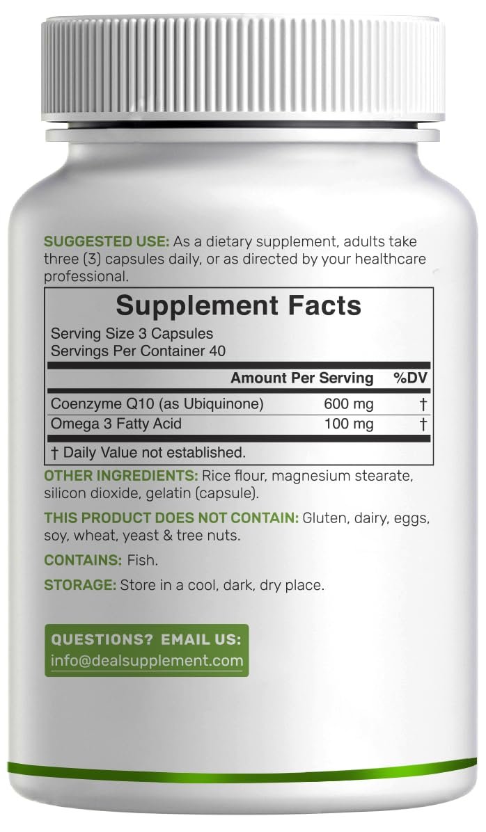 CoQ10 600mg, 120 Kapseln – mit Omega-3-Fettsäure 100mg – Maximale Stärke – Bioverfügbares Coenzym Q10 – Herz-, Energie- & Gehirngesundheit – Antioxidans – Nicht-GVO