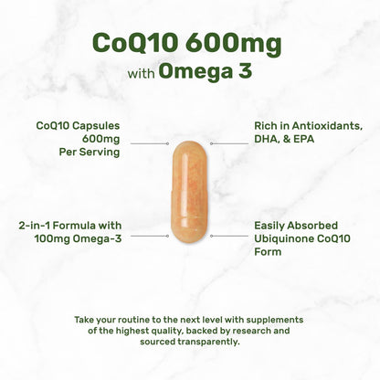 CoQ10 600mg, 120 Kapseln – mit Omega-3-Fettsäure 100mg – Maximale Stärke – Bioverfügbares Coenzym Q10 – Herz-, Energie- & Gehirngesundheit – Antioxidans – Nicht-GVO