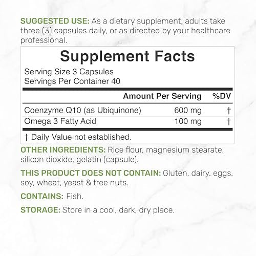 CoQ10 600mg, 120 Kapseln – mit Omega-3-Fettsäure 100mg – Maximale Stärke – Bioverfügbares Coenzym Q10 – Herz-, Energie- & Gehirngesundheit – Antioxidans – Nicht-GVO