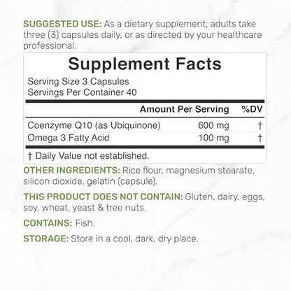 CoQ10 600mg, 120 Kapseln – mit Omega-3-Fettsäure 100mg – Maximale Stärke – Bioverfügbares Coenzym Q10 – Herz-, Energie- & Gehirngesundheit – Antioxidans – Nicht-GVO