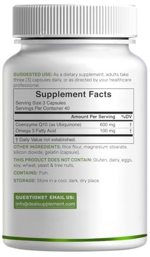 CoQ10 600mg, 120 Kapseln – mit Omega-3-Fettsäure 100mg – Maximale Stärke – Bioverfügbares Coenzym Q10 – Herz-, Energie- & Gehirngesundheit – Antioxidans – Nicht-GVO
