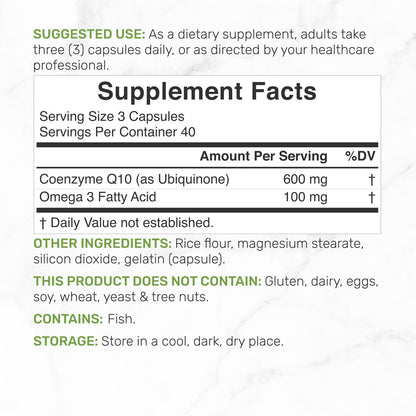 CoQ10 600mg, 120 Kapseln – mit Omega-3-Fettsäure 100mg – Maximale Stärke – Bioverfügbares Coenzym Q10 – Herz-, Energie- & Gehirngesundheit – Antioxidans – Nicht-GVO