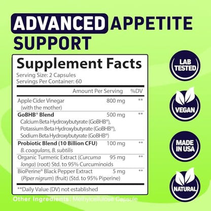 Herbtonics GLP-1 Tonic – Natürliche GLP-1 Unterstützung mit Apfelessig, BHB-Salzen, Probiotika & Kurkuma – Unterstützt Appetit, Gewicht, Stoffwechselgleichgewicht, Darmgesundheit & Energie – 60 vegane Kapseln