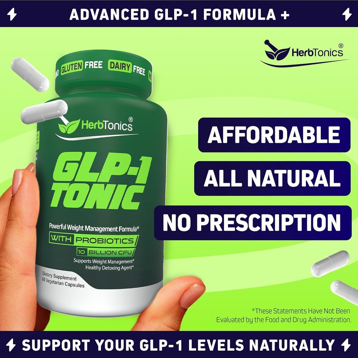 Herbtonics GLP-1 Tonic – Natürliche GLP-1 Unterstützung mit Apfelessig, BHB-Salzen, Probiotika & Kurkuma – Unterstützt Appetit, Gewicht, Stoffwechselgleichgewicht, Darmgesundheit & Energie – 60 vegane Kapseln