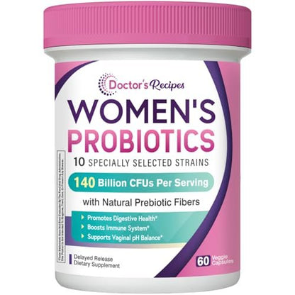 Doctor's Recipes Probiotika für Frauen, Bio-Präbiotika und Probiotika für Verdauungsgesundheit, Vaginalgesundheit, 140 Milliarden KBE, 10 Stämme, Haltbar, 60 Kapseln